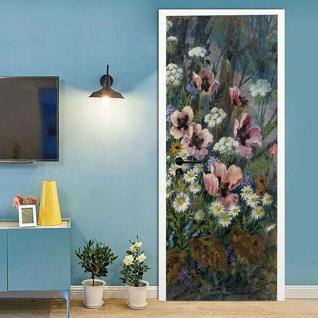 Tropical Flowers Door Sticker Palm Leaf Flower Door Decals Self Adhesive Wallpaper Watercolor Floral Poster Mural Bedroom Decor