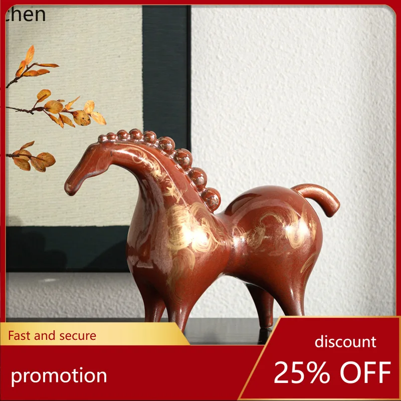

CZ Gold-Plated Red Horse Ceramic Decoration for Living Room Wine Cabinet Desktop High-End Craft