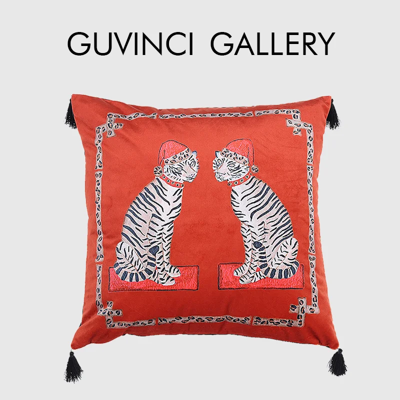 GUVINCI GALLERY The Pyjama Tigers Decorative Pillow Cover Vintage Orange Velvet Square Cushion Case 50x50cm Christmas Home Decor