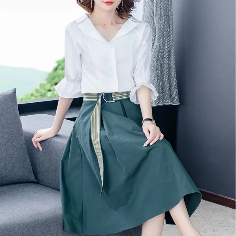 Temperament Half Sleeve Loose Shirt Tops Summer New High Waist Solid All-match Office A-line Skirt Elegant Fashion Women Clothes