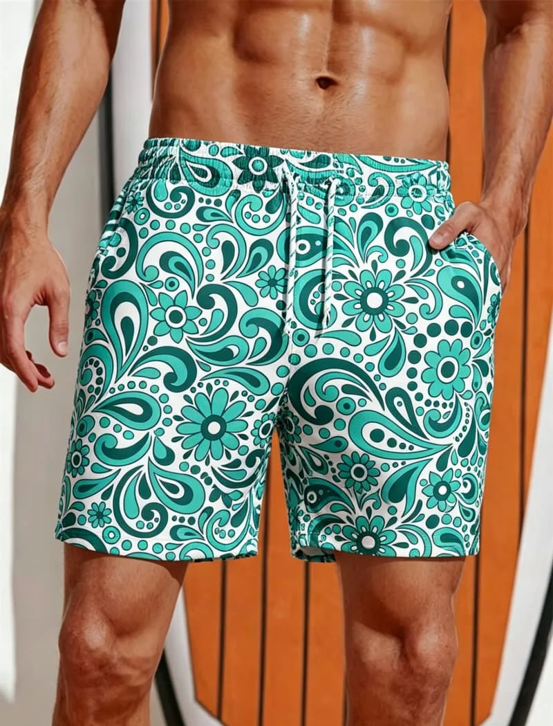 Men's Paisley printed beach shorts with fashionable street style pocket drawstring style, suitable for summer vacation scenes