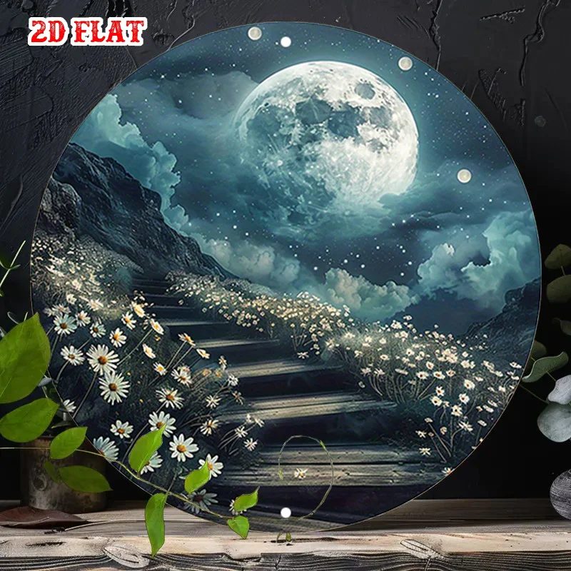 2D Flat, 1pc Vintage Moonlit Night Round Metal Wall Art - Dark Blue & Golden Starry Sky with White Daisies & Moon, Aluminum Go