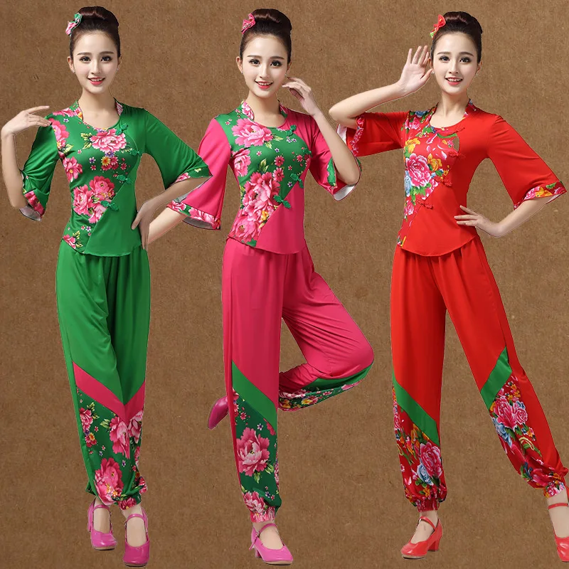 Square dance costume set, new milk silk dance training suit, middle-aged and elderly printed classical dance performance costume