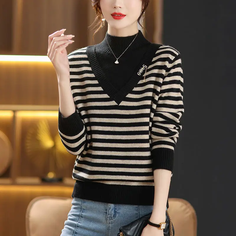 Women Autumn and Winter Trendy New Casual Half High Collar Pullover Knitted Striped ContrastSpliced Sweater Long Sleeve Tops