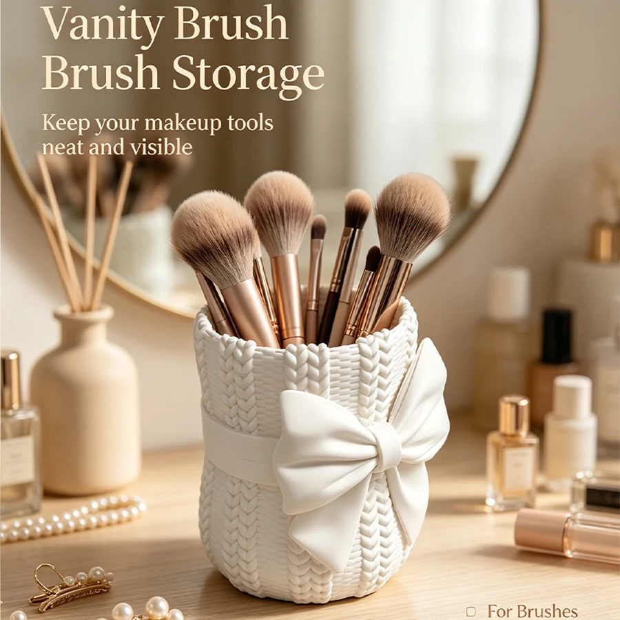 Cute Bow-Knot Knitted Texture Makeup Brush Holder, 3D Printed White Vanity Brush Storage Cup, Non-Ceramic Beauty Brush Storage Container, High Aesthetic Vanity Table Decoration, Suitable for Girls' Girly Scenes, Back-To-School Season