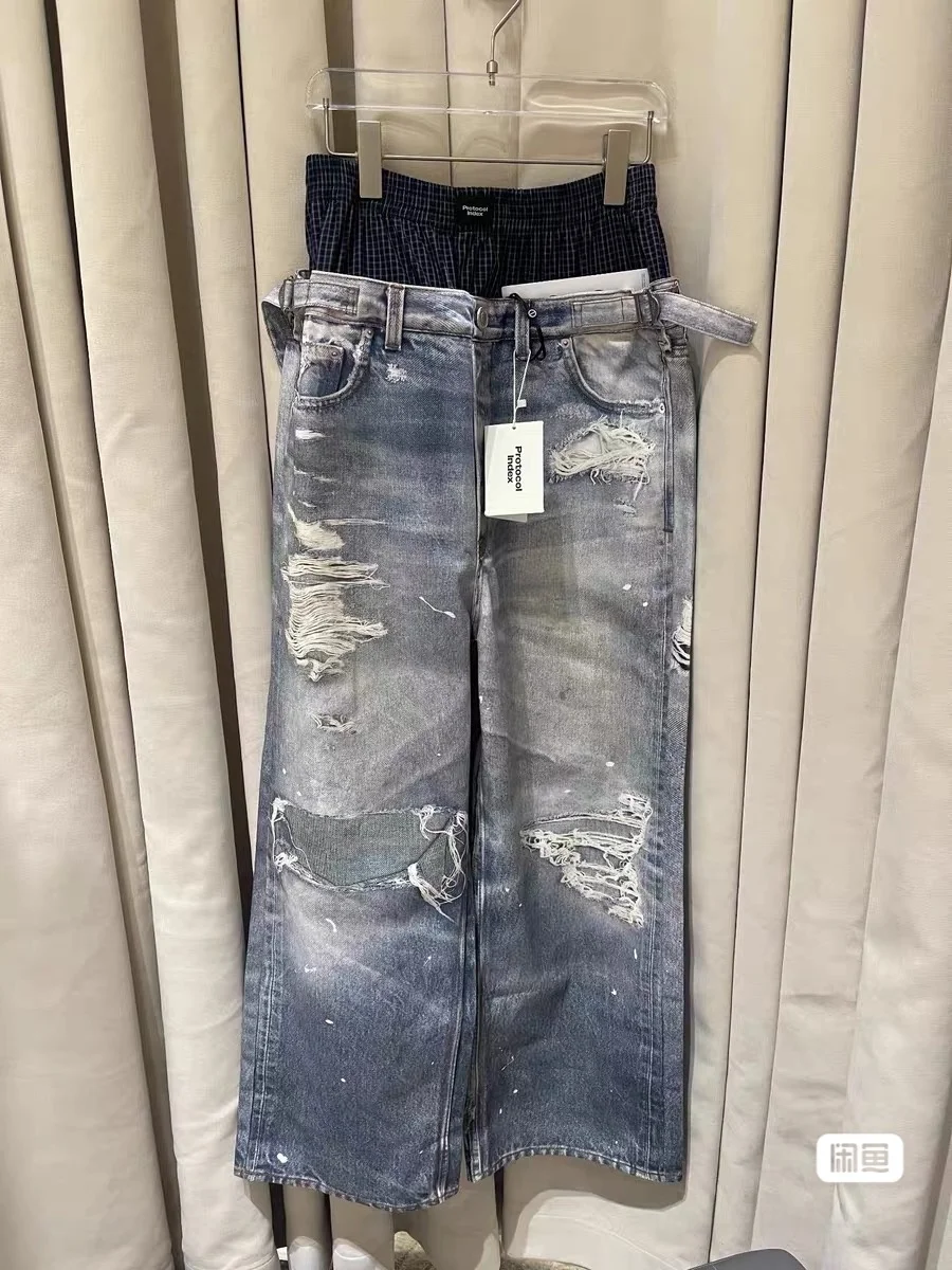 

Ailz Protocol High Waist Digital Print Jeans Fake Double Waist Patchwork Hole Punching Casual Loose Fit Summer Jeans