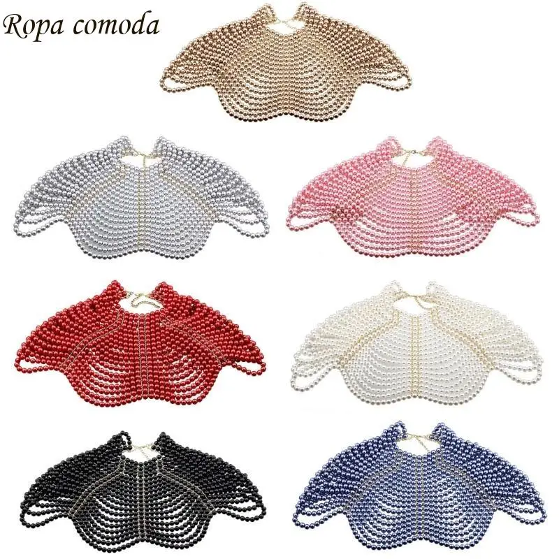 

MXMA Exquisited Chest Chain Imitation Pearls Tassels Layered Necklace Shawl Beaded Body Jewelry for Elegant Evening Parties