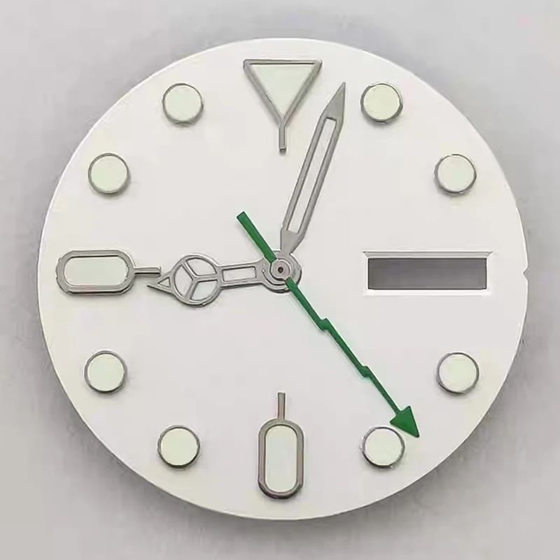 28,5 мм зеленый светящийся двойной календарь, белый матовый циферблат для часов + Benz Lightning Hands, аксессуары для часов, подходят для механического механизма NH36