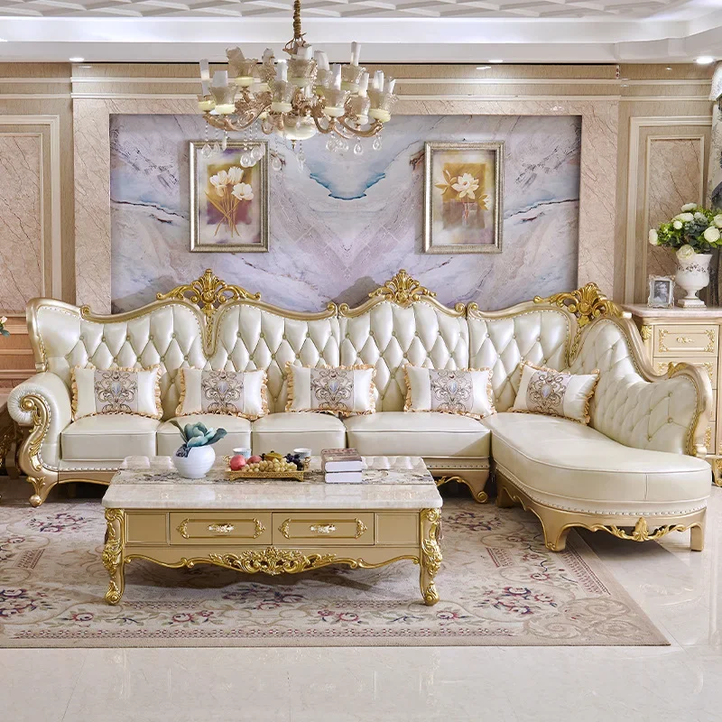 Leather double sofa combination living room corner L-shaped sofa