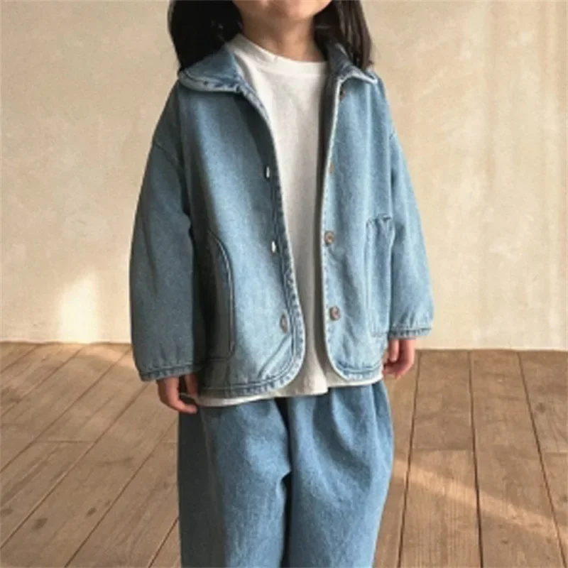 Korean  boys and girls autumn fashion new coat for children Korean casual lapel pocket denim jacket  winter clothes for girls