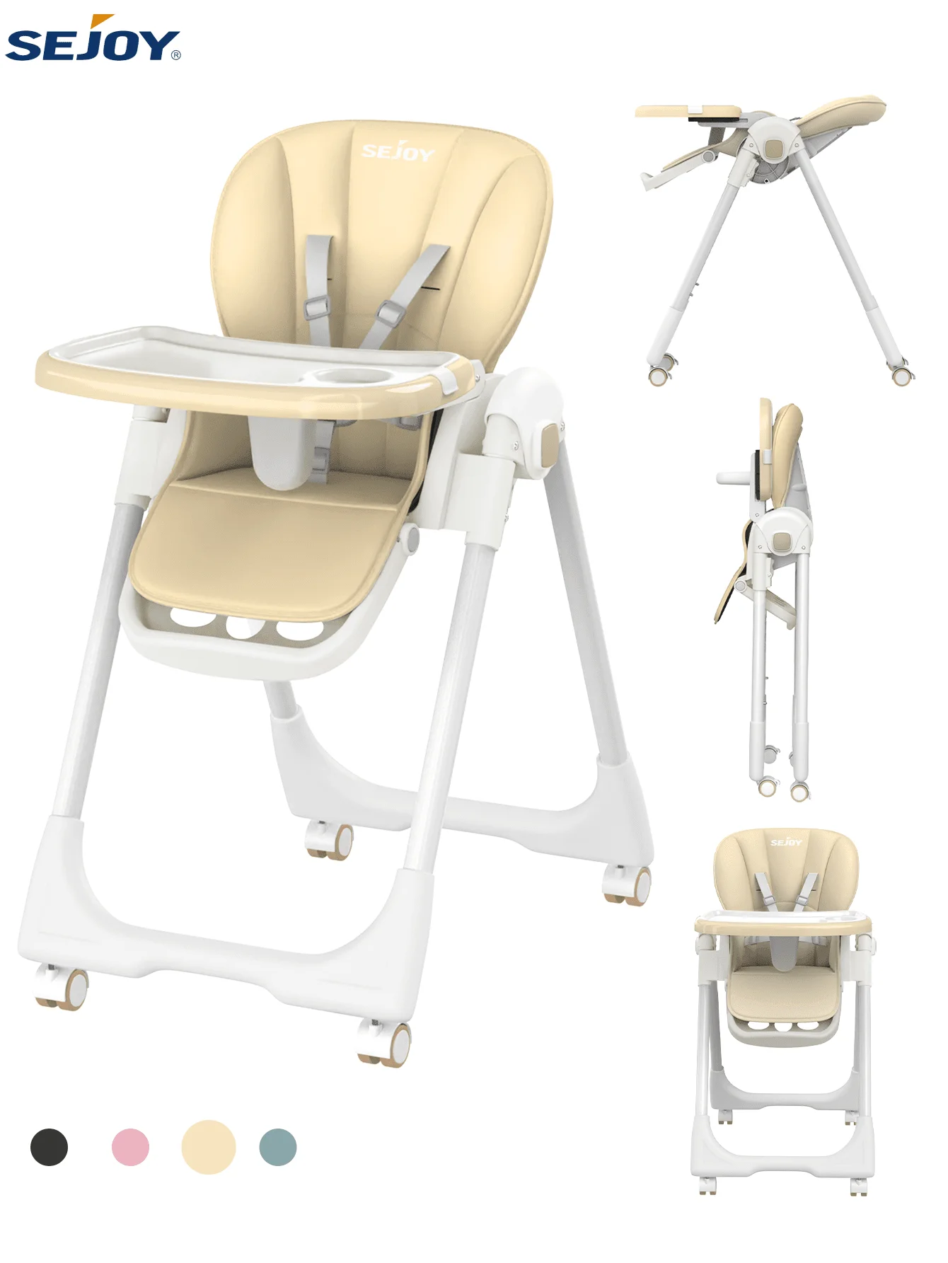 SEJOY Baby High Chair Ajustable Backrest And Pedals Design, Sturdy Metal Material, Foldable Multifunctional Baby Dining Chair