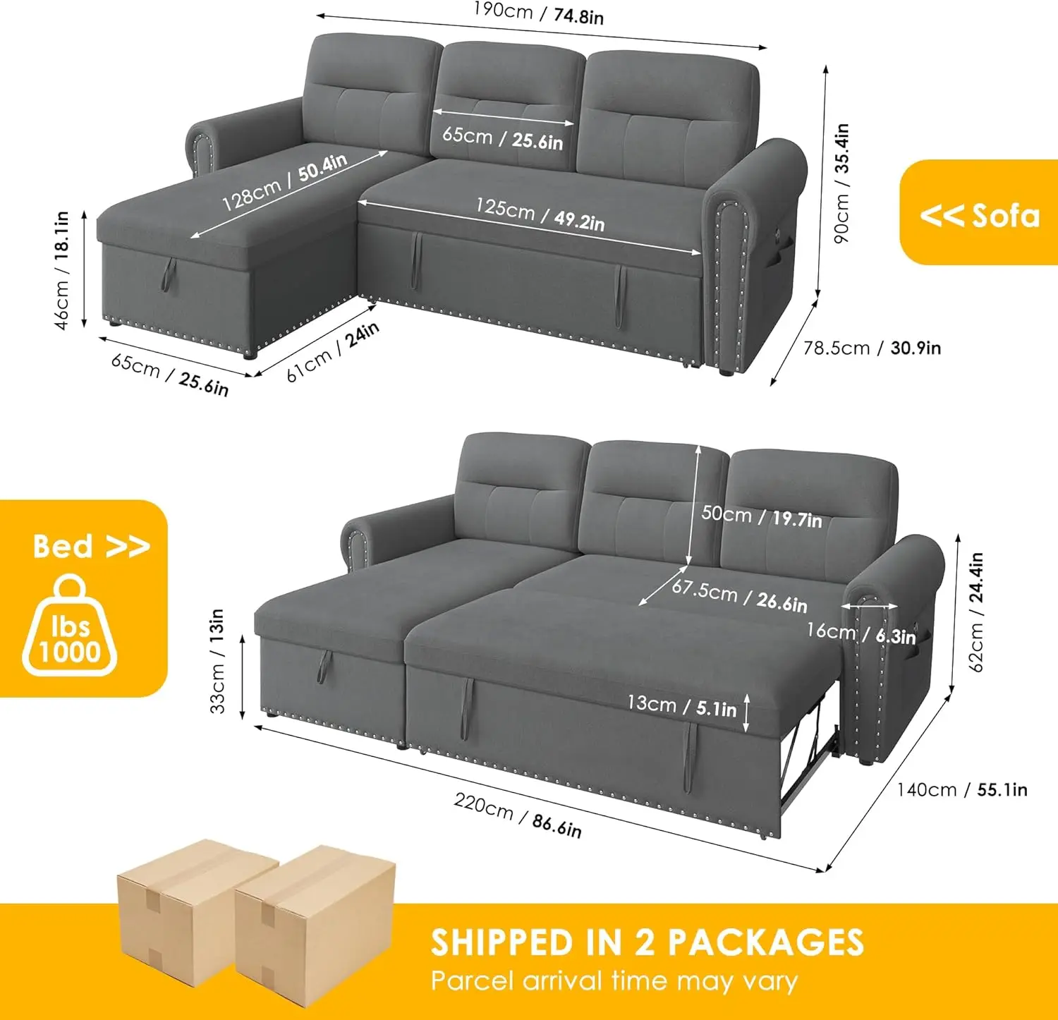 Sleeper Sofa Bed, 87'' Sectional Couch with Reversible Storage Chaise & Nailhead Armrest, Pull Out Couches for Living Room