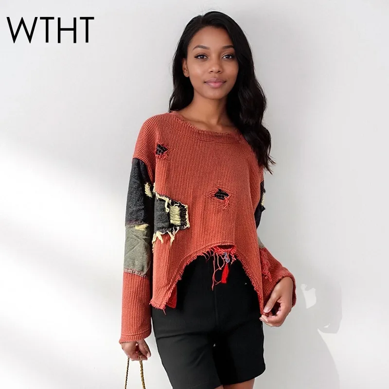 WTHT 패션 신상 여성용 불규칙 패치워크 홀 루즈 스웨터 2025 가을 트렌디 O넥 긴팔 풀오버 여성용 1LS2564