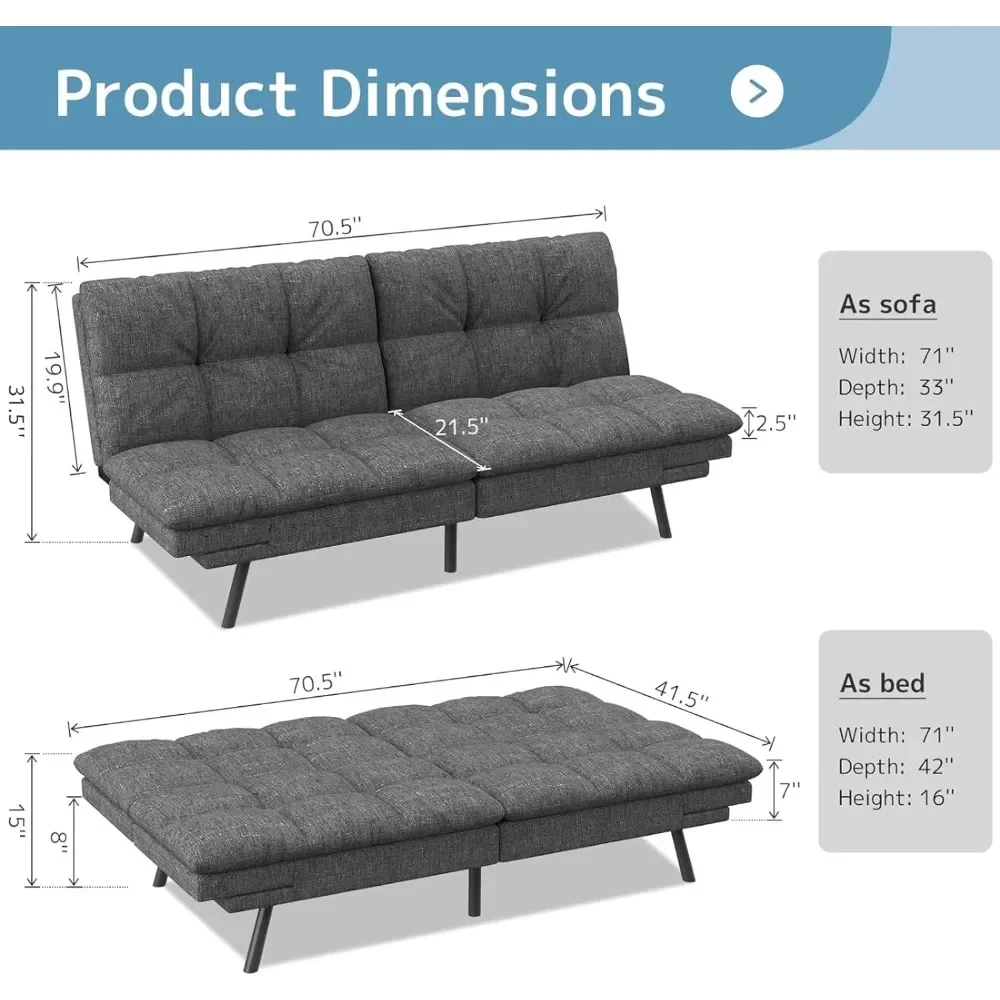 Sofa Bed, Memory Foam Foldable Couch Convertible Sleeper Daybed with Adjustable Armrests for Small Space,  Dark Gray