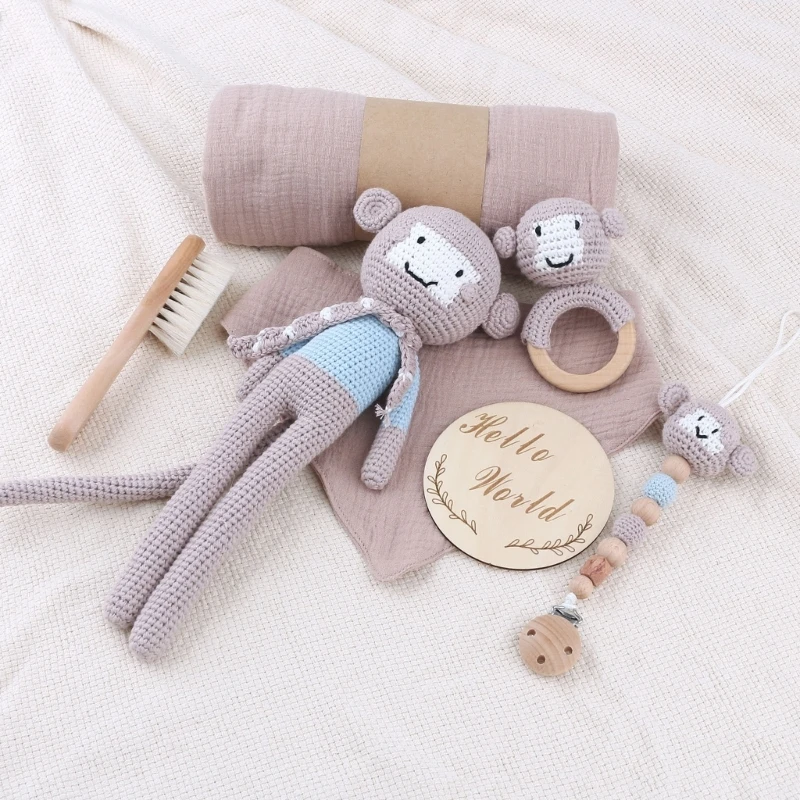 1 Set Baby Stuffed Animal Doll kawaii Panda Plush Toys+Crochet Rattle+Hair Brush+Newborn Swaddle Wrap Baby Birth Shower Gift Box