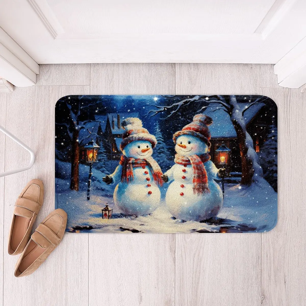 Homewish Alfombra de baño de muñeco de nieve de invierno, alfombra de baño antideslizante con árbol de Navidad y copo de nieve con vista nocturna para niños, niñas y mujeres, Shagg de Feliz Navidad