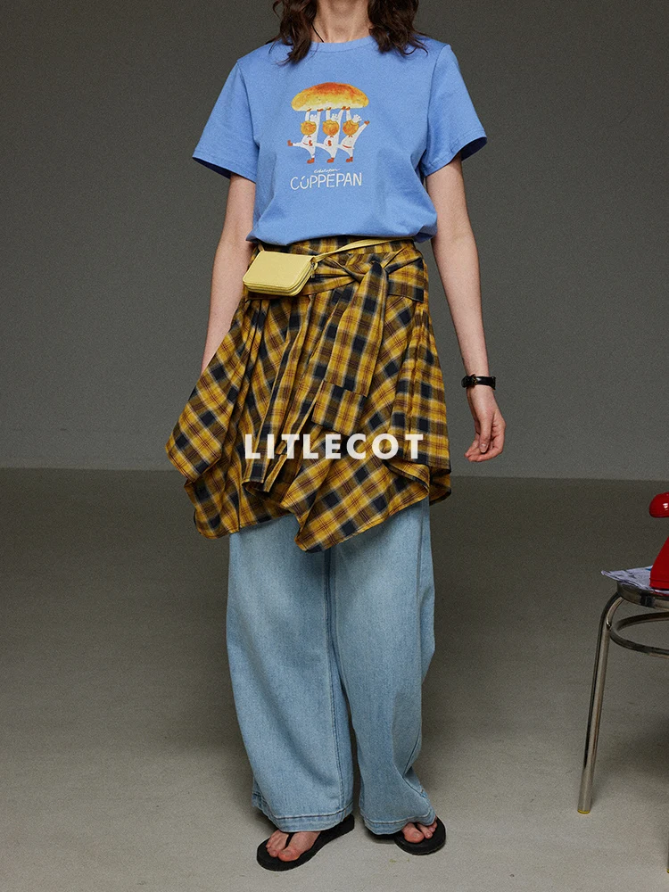 

Желтая хлопковая повседневная клетчатая юбка с эффектом похудения, асимметричная женская летняя новая юбка с высокой талией