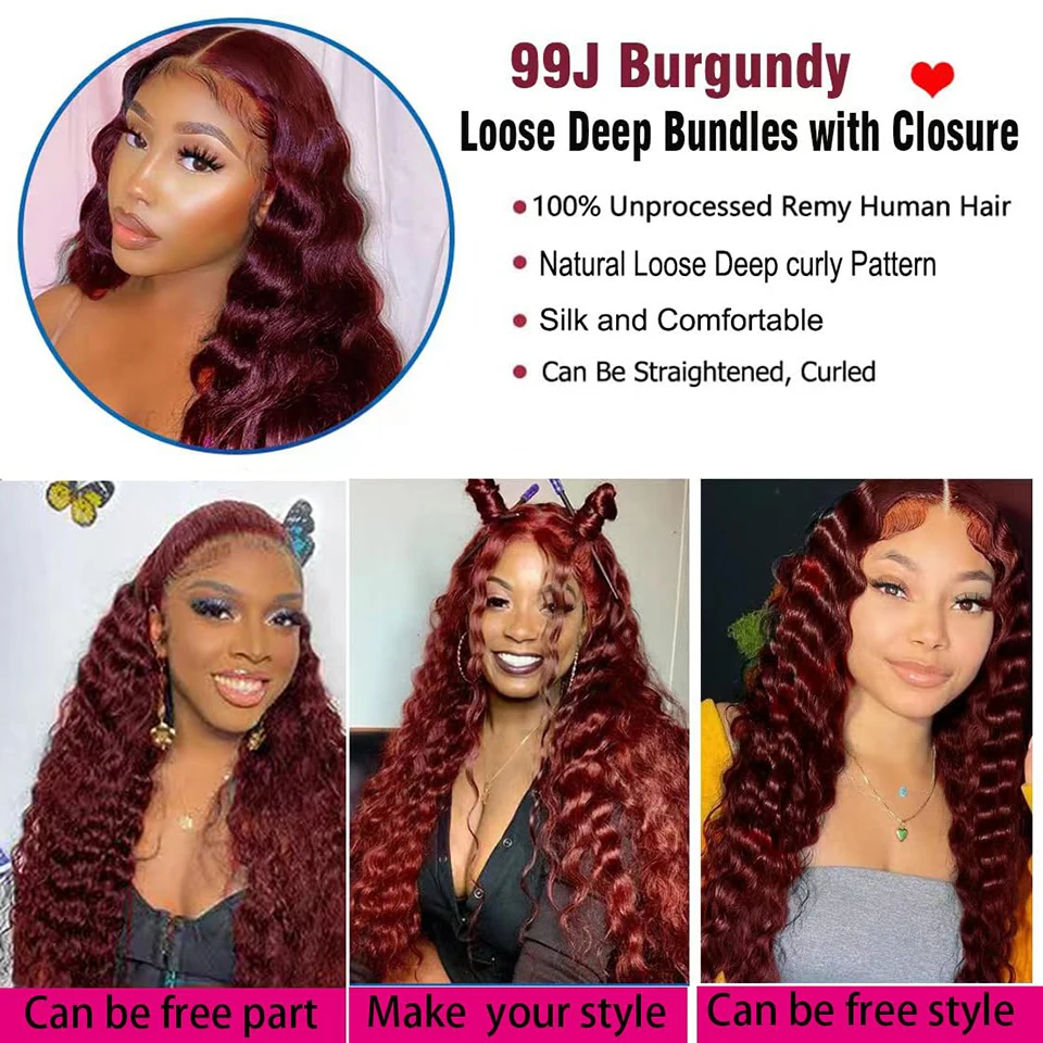 Loose Deep Wave Human Hair Bundles with 4x4 Closure 99j Burgundy Colored Bundles with closure Reddish Brown Colored Human Hair