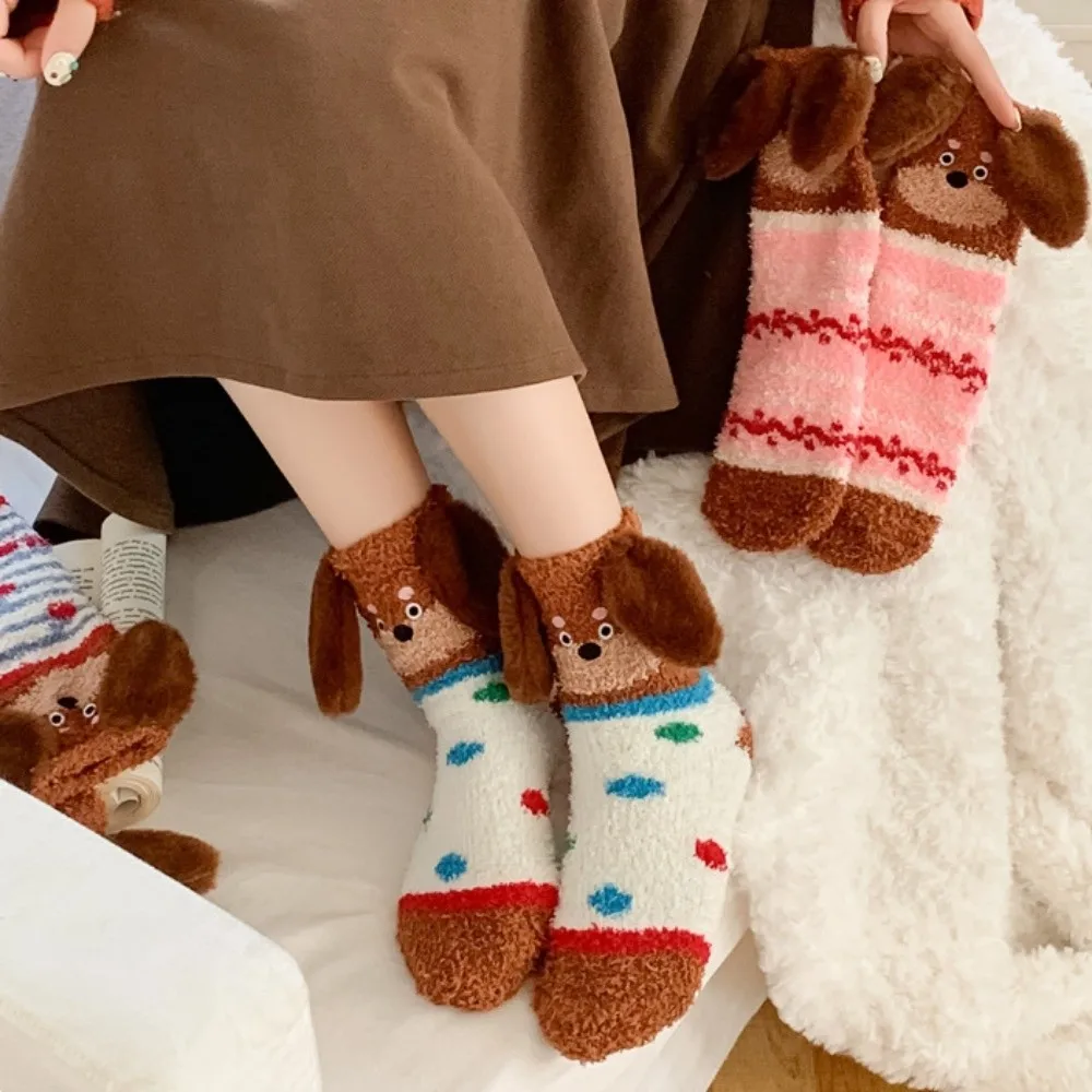

Sweet Stripe Puppy Ears Coral Fleece Socks Polka Dot Plush Sleeping Socks Warm Soft Floor Socks Fall/Winter