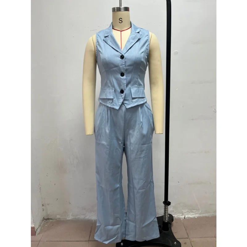 Damen 2-teiliges Outfit, ärmellose Weste mit Revers, hochtaillierte Hose mit weitem Bein, elegantes Büro-Formalanzug-Set, Business-Party-Partnerlook – Detail 12