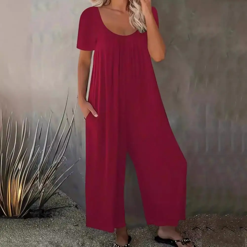 Mono de pierna ancha con cuello redondo para mujer, Jersey holgado con bolsillos laterales, ropa informal de uso diario, largo hasta el tobillo, para verano