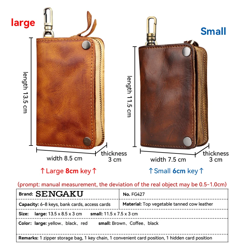 Vintage Key Wallet For Men Handmade Genuine Leather Smart Key Ring Zipper Coin Purse Card Slot Housekeeper Key Chain Bag