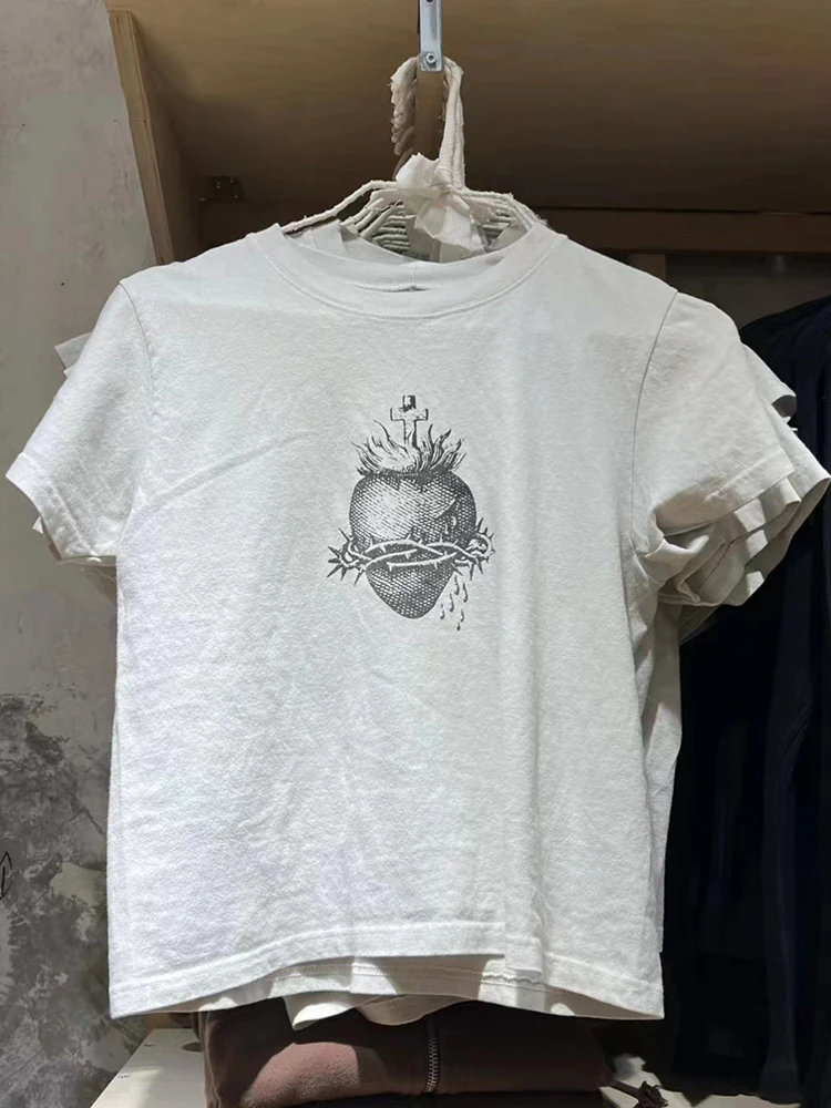 

Heart Graphic T-Shirts Women Summer Y2k Streetwear O Neck Soft Cotton Short Sleeve T Shirt Woman Vintage Harajuku Slim Y2k Tops