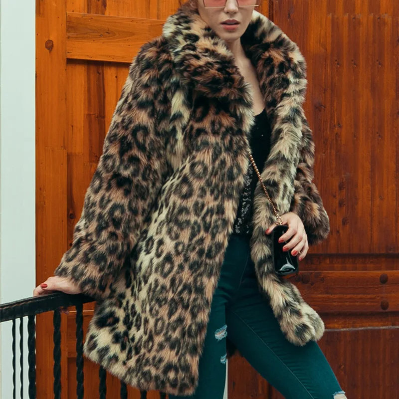 Mid Length Coat Women Faux Fur Jacket Turn Down Collar Leopard Print Thick Warm Y2k Streetwear Open Front Elegant Work Outerwear
