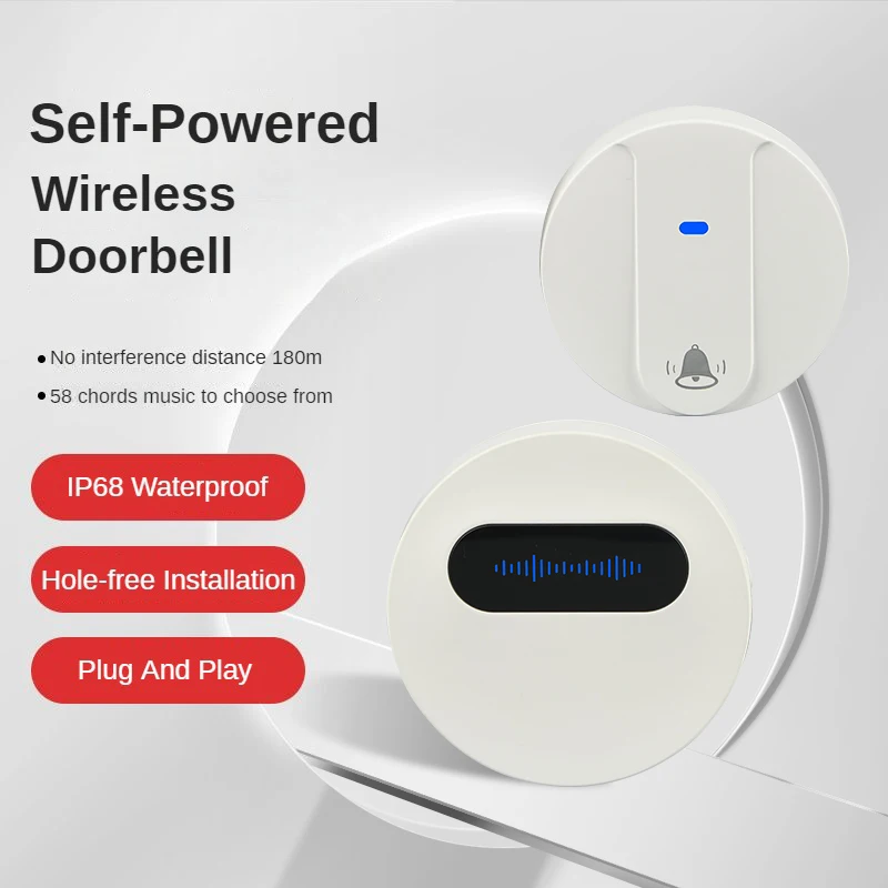 Sem fio Home Bem-vindo Smart Doorbell, Self-Powered, IP68 impermeável, 180m remoto, UE, Reino Unido, EUA Plug, Chamada Idosos, 38 Canções