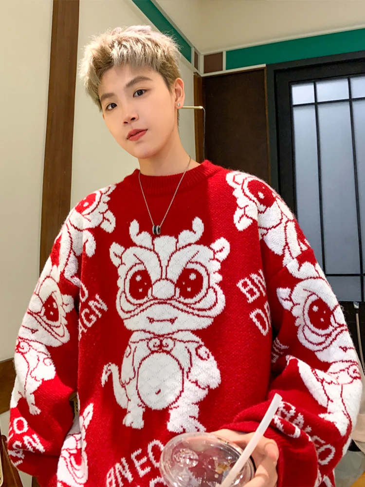 

Dragon Year Luy Year Men's Spring Autumn 2024 New round Ne Knitted Sweater Loose Lazy Sle High End Feeling Casual Wear