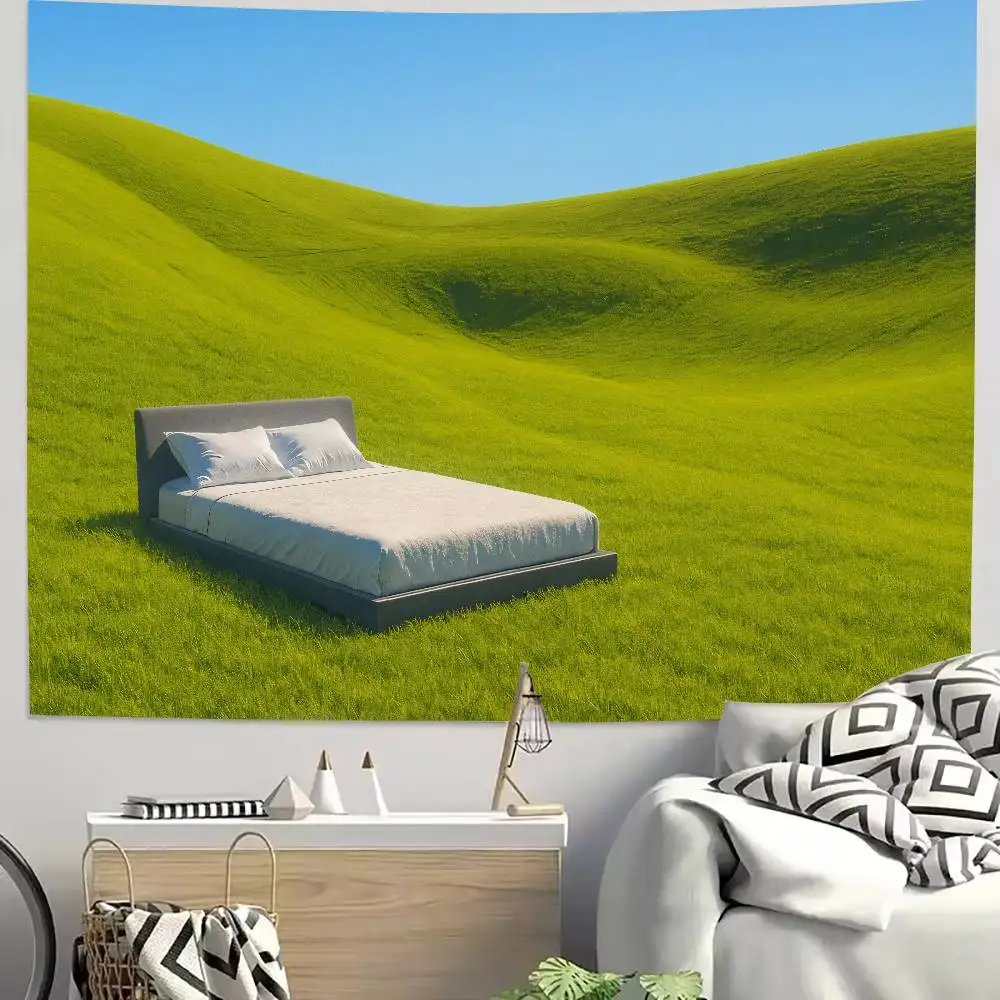 Surreal Green Grass Hill Bed Wall Tapestry Minimal Bright Meadow Rolling Hills Nature Calm Landscape Backdrop Bedroom Decor Gift