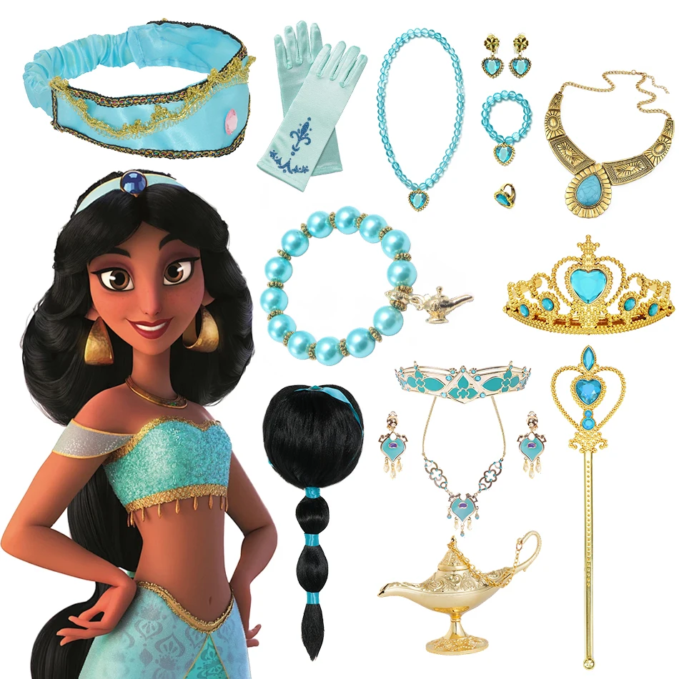 Accesorios de vestido de princesa Jasmine para niñas, juego de joyas, conjunto de juguetes, collar de diadema de jazmín, favores de fiesta de