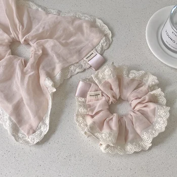 Soft Pink Gentle Lace Large Intestine Scrunchie Sweet Girl's Heart Square Scarf…