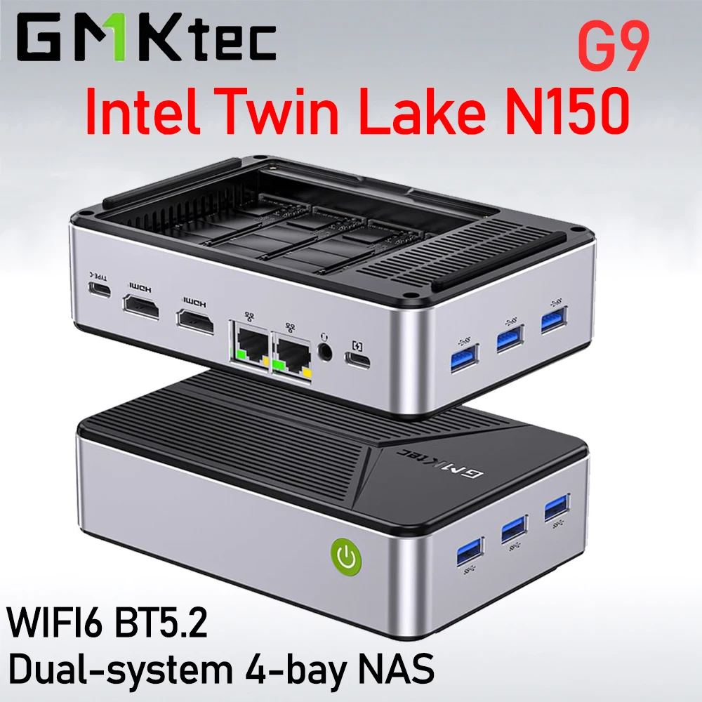 GMKtec G9 Twin Lake N150 4-bay NAS MINI PC LPDDR5 12GB 64GB 4 * SSD Windows 11 Linux 2*2.5G WIFI6 BT5.2 مكتب ألعاب كمبيوتر صغير