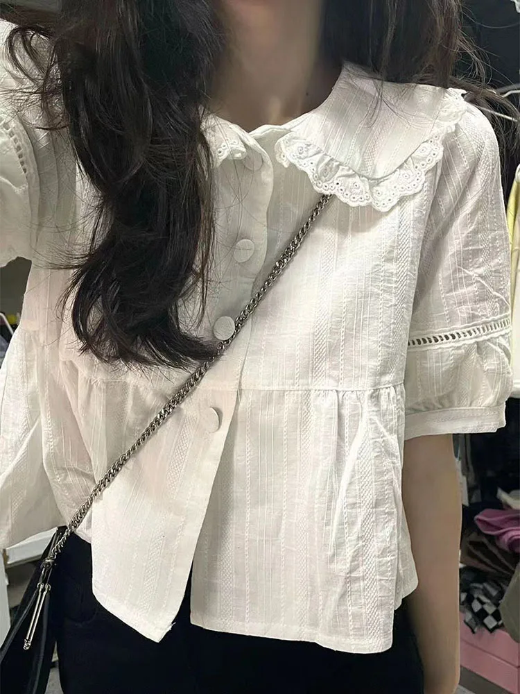 

Women Sweet White Cropped Shirts Korean Fashion Short Sleeve Peter Pan Collar Blouses Summer Loose Preppy Style Tops Tees Girls