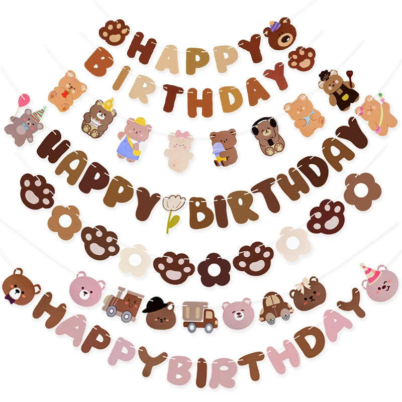 1Set Brown Bear Happy Birthday Letter Banner Garland Kids Boy Girl Birthday Party Decoration Supplies Hanging Flag