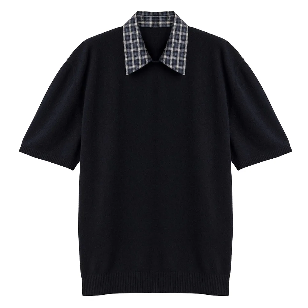 Ladies' plaid collar knitted short sleeved shirt # T2642