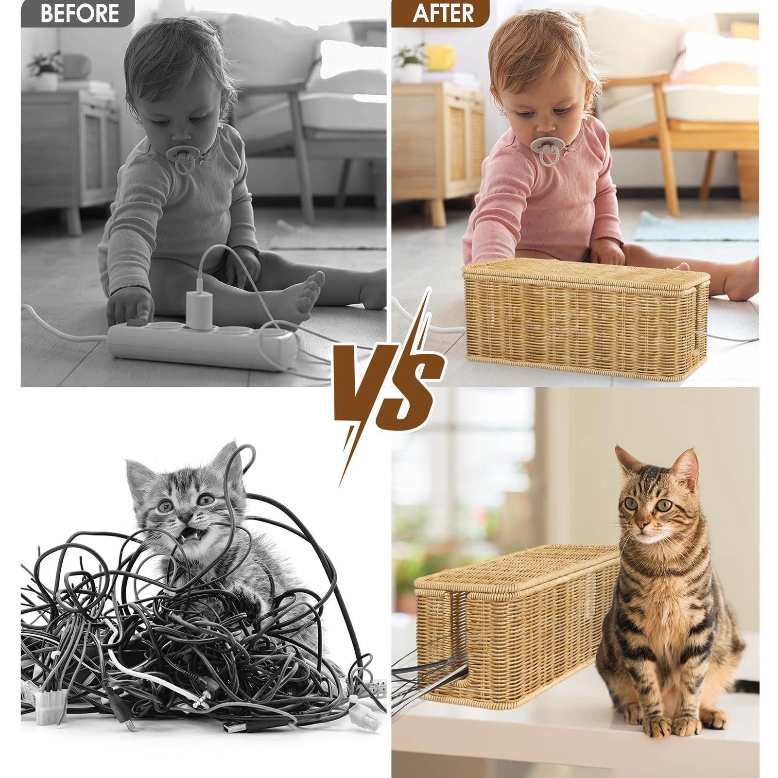 Desktop Cords Imitation Rattan Organized Box Add a Touch of Rustic Elegance to the Room for Mobile Phone Computer Wires