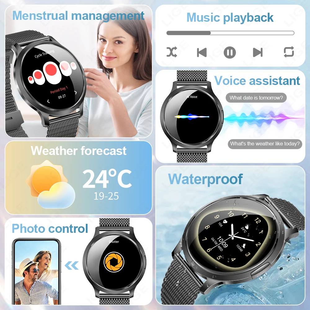 LIGE 2025, modische 1,32-Zoll-Smartwatch für Herren und Damen, AMOLED-Bildschirm, IP68, wasserdicht, Herzfrequenzmesser, Herren- und Damen-Smartwatch