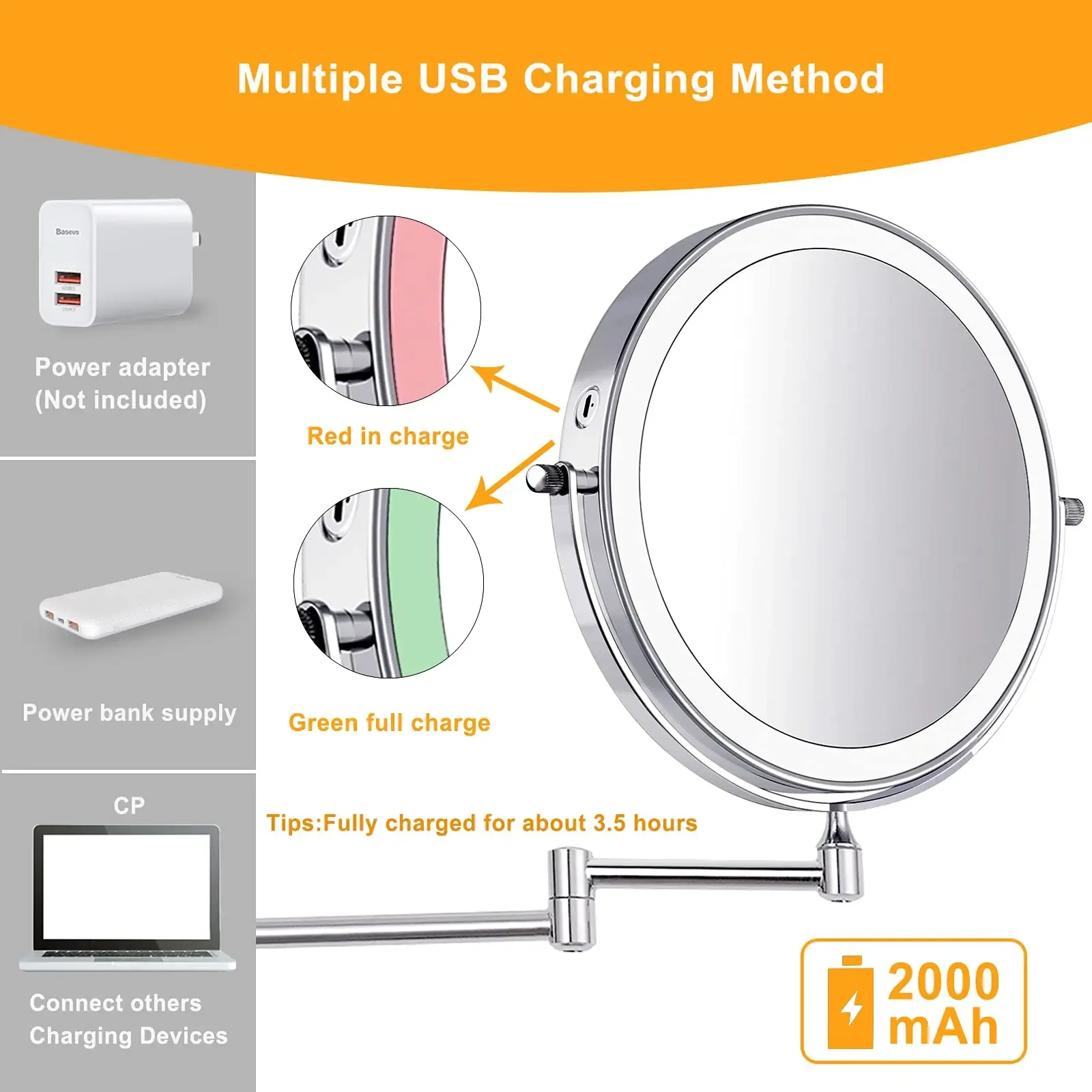 8 Inch Wall Mounted Bathroom Makeup Mirror, USB Rechargeable LED 3 Color Lights Two Sided 1X/10X Magnifying Mirror Touch Switch