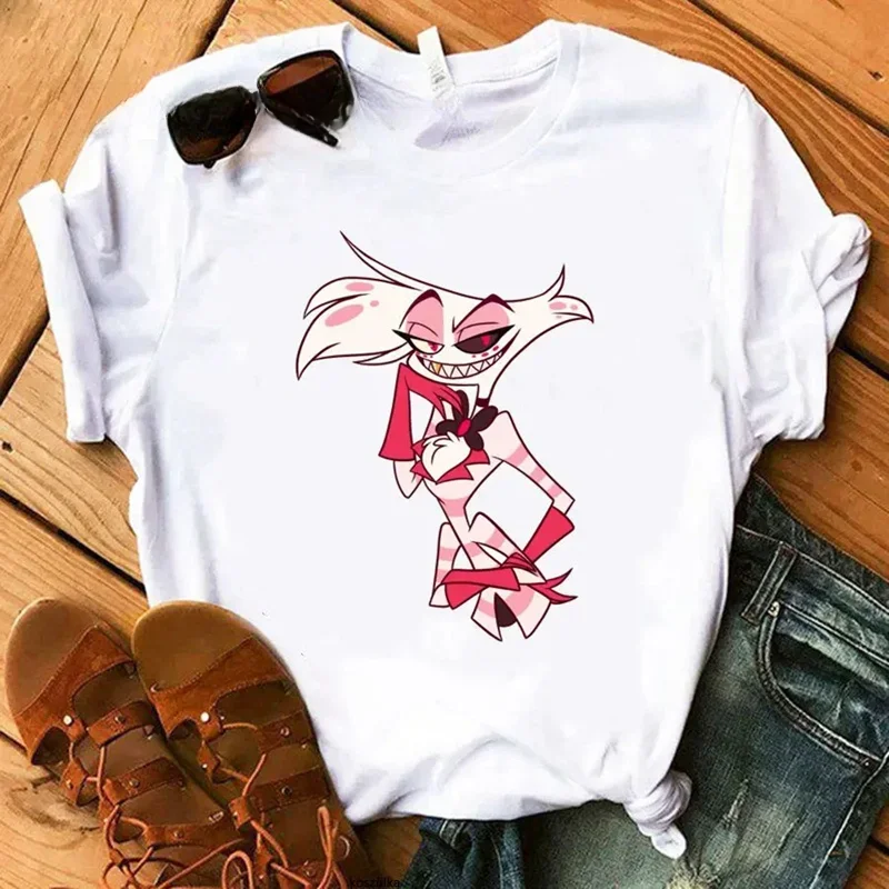 Cartoon Hazbin Hotels White Fashion Women T-Shirts Harajuku Kawaii Clothes Short Sleeve Summer Tees Casual Female Tops O-Neck