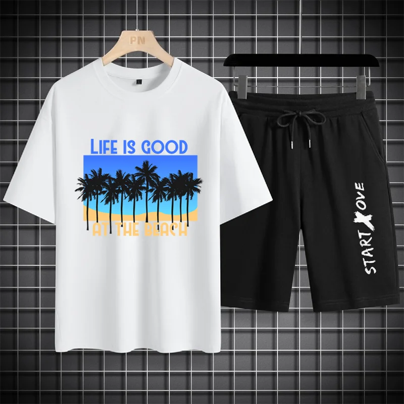 Conjunto de camiseta e shorts masculinos de verão 2025: blusa casual confortável para compras de corrida + camiseta esportiva casual legal masculina