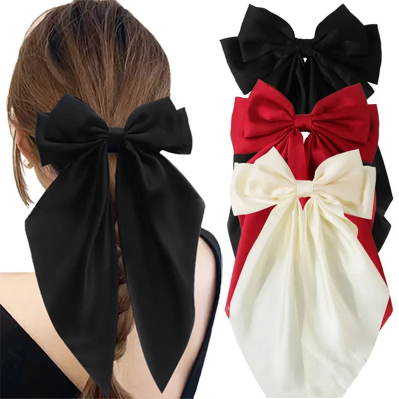 White Black Bow Hairpin Oversize Ribbon Big Hair Clip And Clips Long Satin Ribbon Hairclip Women Wedding Party Hair Accessories