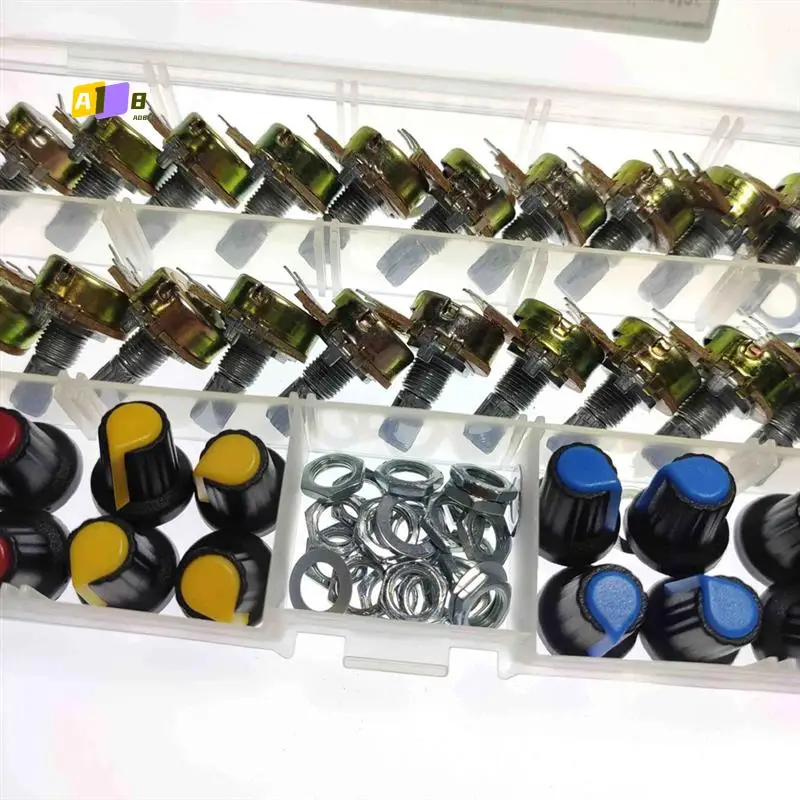 

A08F-20PCS Комплект потенциометра с ручками B5K 10K 20K 50K 100K с одним валом 15 мм Переключатель потенциометра