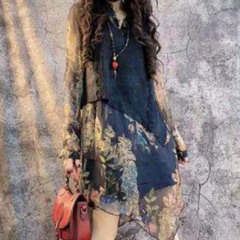 Casual Fake Two Pieces Asymmetrical Dresses Female Clothing Vintage Floral Printed Spring Autumn Turn-down Collar Midi Dress New