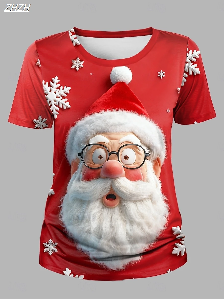 

2025 Women's Vintage Santa Print Short Sleeve, Holiday Graphic Crew Neck Tee, Festive Casual Tops, Fall Winter Seasonal Style