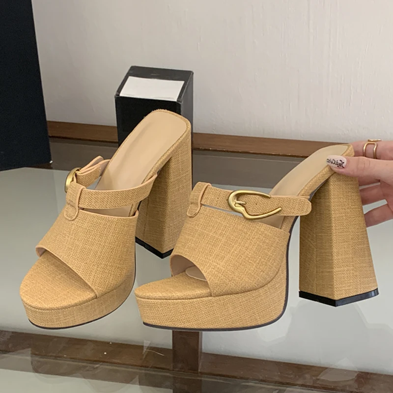 Liyke Summer Open Toe Platform Slippers Women Fashion Metal Buckle Desiger Slides Shoes Chunky High Heels Sandals Female Pumps