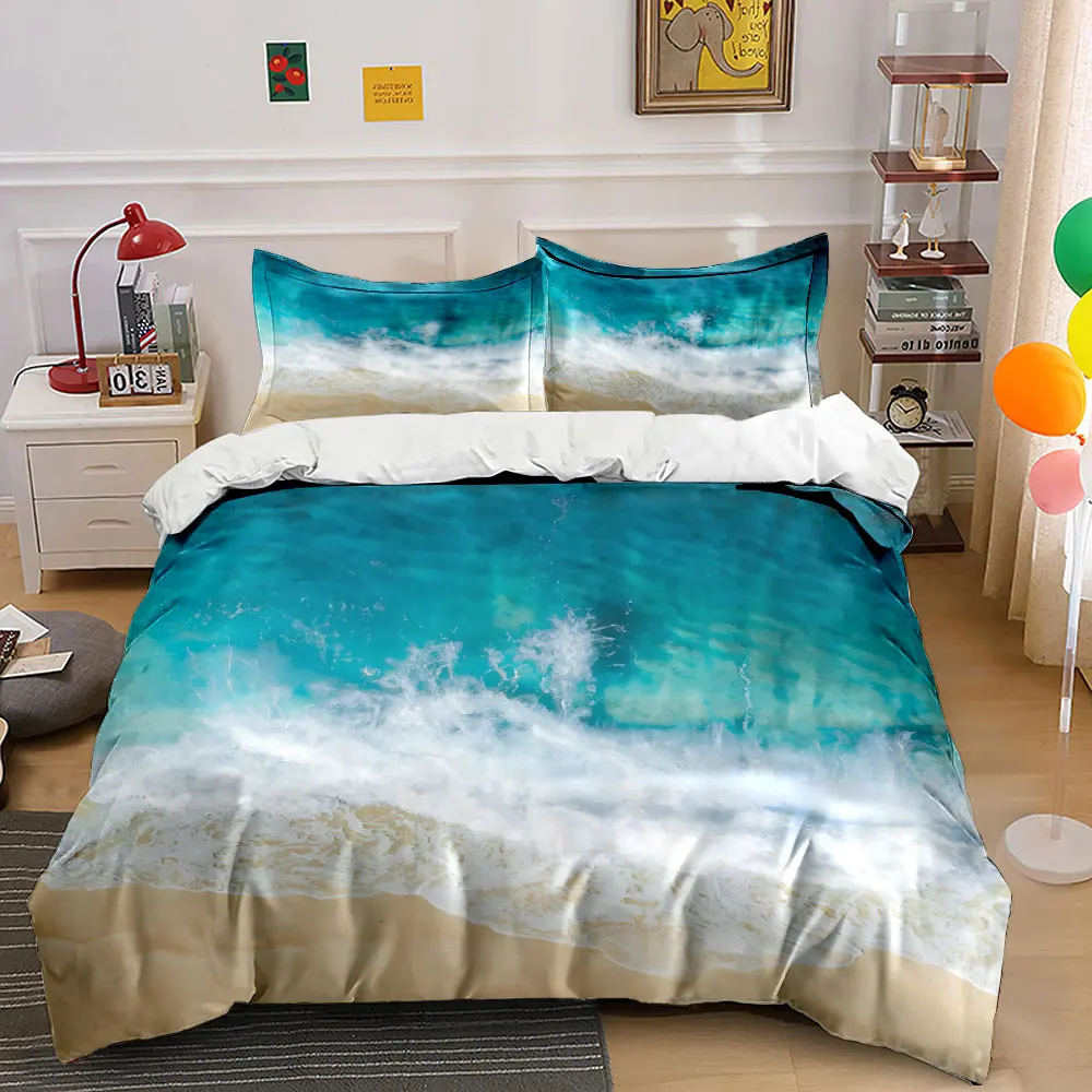 Top view Beach waves and sand Print Bedding Set 1 Duvet Cover 2 Pillowcases for Adult and Children Luxury Gift Full Size