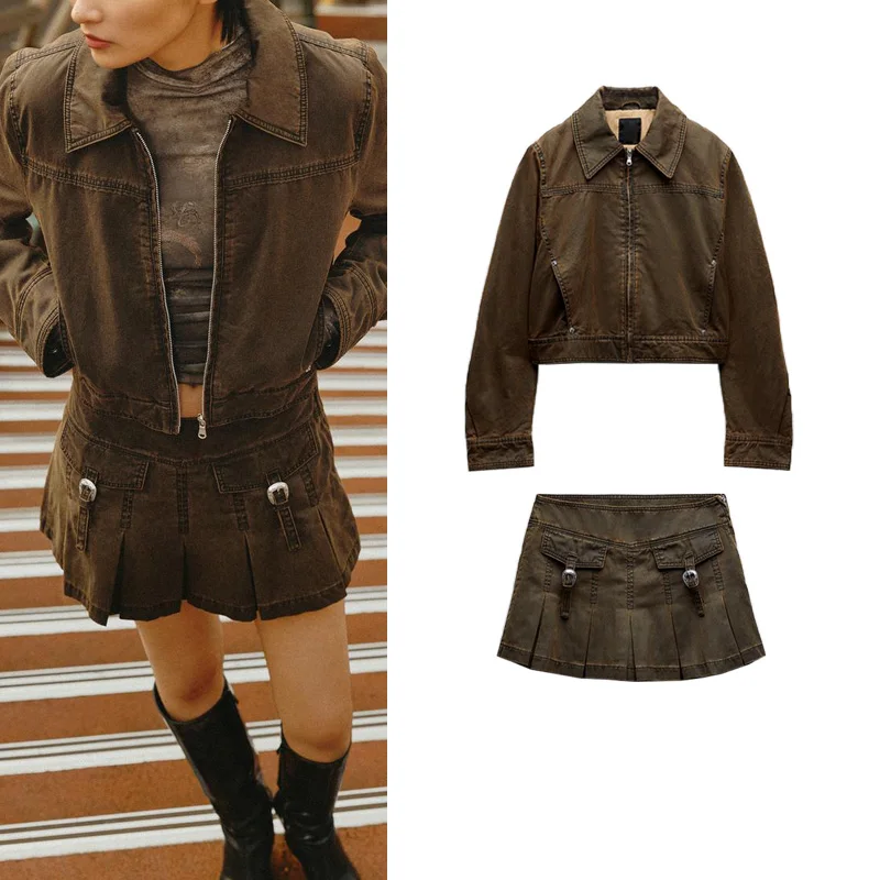 

Spring New Wax Leather Skirt Pants Jaet ort Sle Turn-down Collar Cotton Long Sve Collar Outerwear Women's Faion