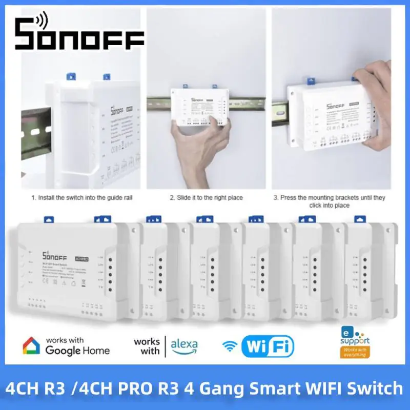 SONOFF 4CH R3 /4CH PRO R3 4 Gang Smart WIFI Switch 433MHZ Din Rail Mounting Wireless Remote Control Timer DIY Switch Via Ewelink